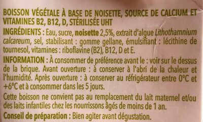 Boisson noisette 1l ingredient label