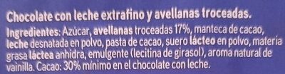 Chocolate con leche y avellanas ingredient label