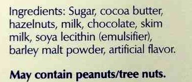 Classic Recipe Milk Chocolate with Hazelnuts ingredient label