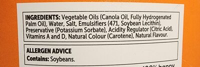 Table Spread Soft and Spreadable ingredient label