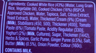 Butter Chicken ingredient label