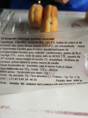 Beignet au Chocolat ingredient label