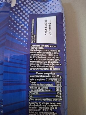 Chocolate leche crujiente ingredient label