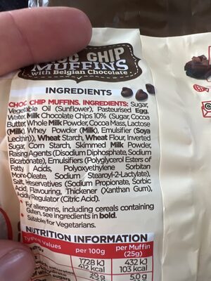 Choc chip muffin ingredient label