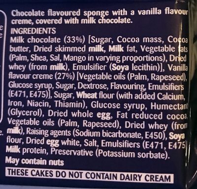 Cadbury Chocolate Mini Rolls ingredient label