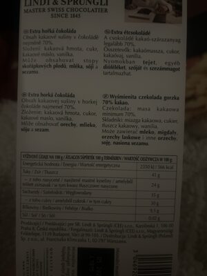 70% Cocoa Intense Dark Chocolate ingredient label