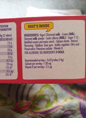 Frubes ingredient label