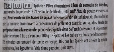 Spätzle ingredient label