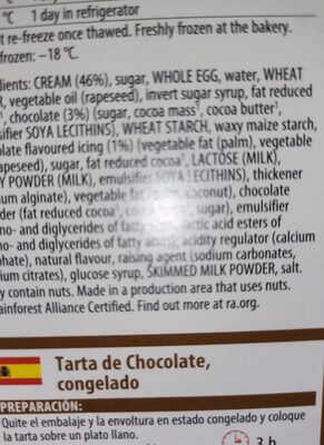 Chocolate gateau ingredient label