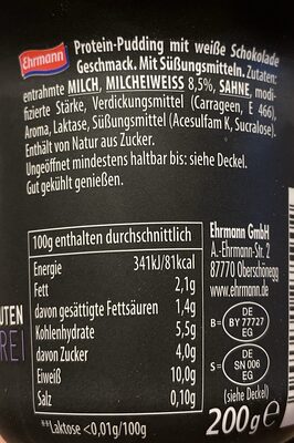 High Protein Pudding - White Choc Style ingredient label