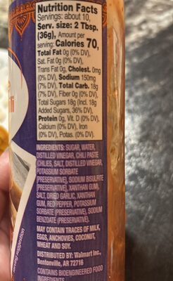 Thai Style Sweet Chili Sauce ingredient label