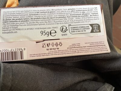 Dubaco Pistachio Chocolate ingredient label