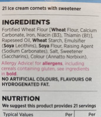 Cornets ingredient label
