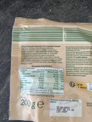 Dried Soft Apricots ingredient label