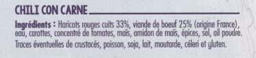 Chili con carne ingredient label