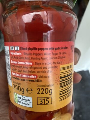 eingelegte Paprika ingredient label