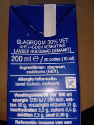 Slagroom houdbaar ingredient label