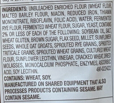 Thick Sliced Multigrain Bread ingredient label