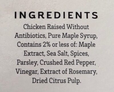 Maple Chicken Patties ingredient label