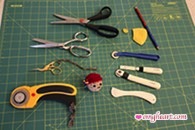 Mundial Red Dot Pinking Shears 8.5in, Mundial Dressmaker Shears 7in, Gingher Stork Embroidery Scissors 3.5in, Olfa Deluxe Rotary Cutter 45mm, Glass Head Straight Pins Clover, Double-Sided Fabric Pencil, Clover Tailors Chalk, Tracing Wheel (blue), Clover Seam Ripper, Clover Blunt Edge Tracing Wheel, Clover Hera Marker