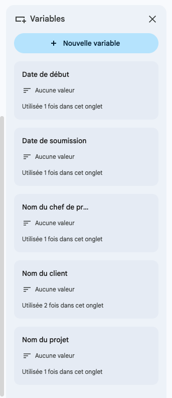 Panneau de contrôle des variables