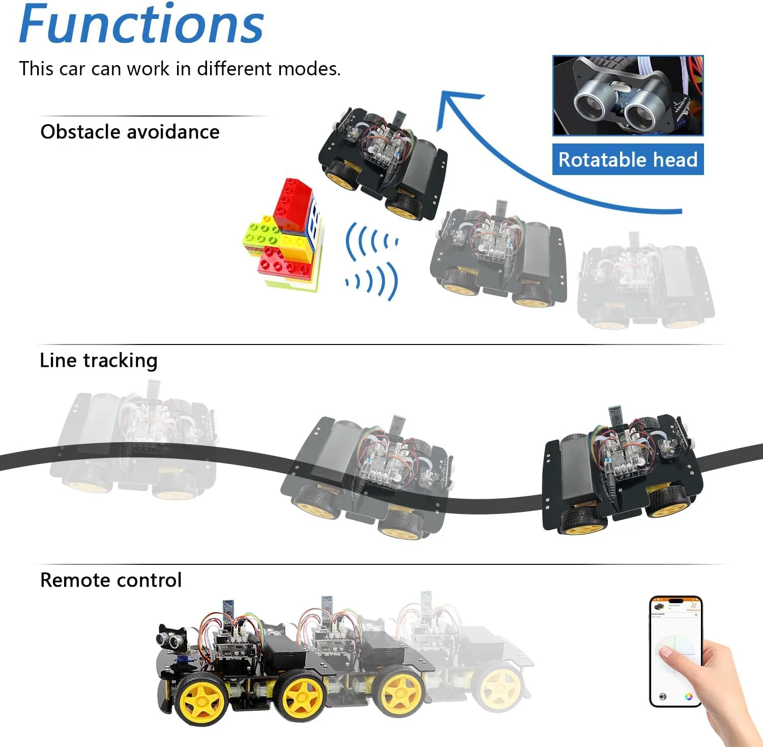 Robot kit de voiture 4WD Freenove Suivi de ligne, Évitement d'obstacles, Capteur ultrasonique, Contrôle sans fil, Servomoteurcompatible avec l'IDE Arduino - Image 3