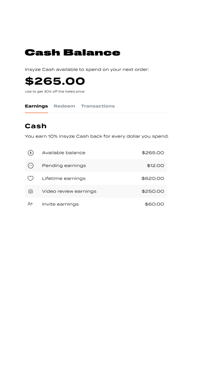 device displaying insyze cash balance