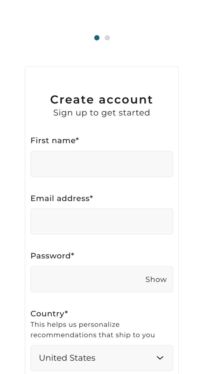 Device displaying insyze register form