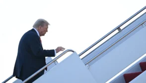US President Donald Trump boards Air Force One at Joint Base Andrews, Maryland on August 15, 2025, as he heads to Alaska to meet with Russian President. US President Donald Trump departed Washington en route to Alaska Friday for a high-risk summit with his Russian counterpart Vladimir Putin that could prove decisive for the future of Ukraine.