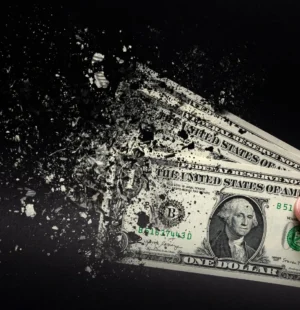 Notas de dólar corroidas, se desfazendo