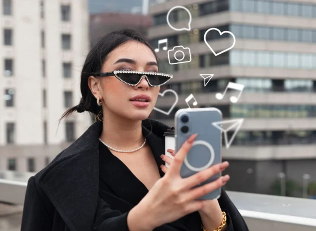 Influencer tirando foto com cidade ao fundo