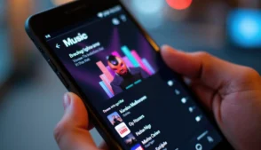 Celular aberto em um tocador de música