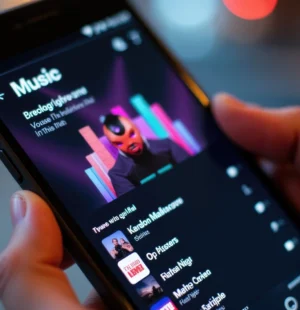 Celular aberto em um tocador de música