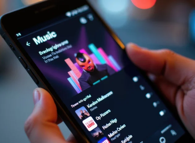 Celular aberto em um tocador de música