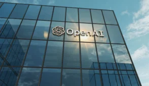 Fachada espelhada de prédio com logo OpenAI