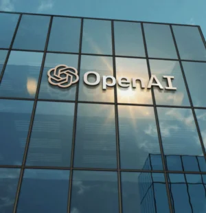 Fachada espelhada de prédio com logo OpenAI