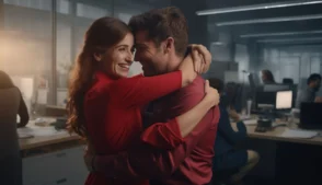 Duas pessoas abraças em ambiente de trabalho