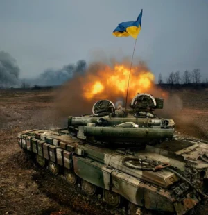 Tanque de guerra com bandeira da Ucrânia