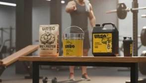 Produtos de suplemento Urso dispostos sobre um banco de academia, com halteres e equipamentos ao fundo.