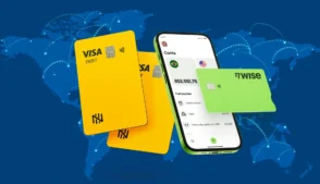Cartões de viagem internacional Nomad, em amarelo, e Wise, em verde