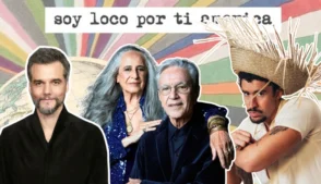 Colagem com fotos de Wagner Moura, Maria Bethania, Caetano Veloso e Bad Bunny