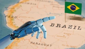 Mão robótica apontando para mapa do Brasil