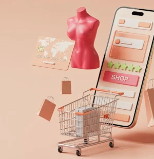 Ilustração de compras online com smartphone exibindo aplicativo de e-commerce, carrinho de compras e ícones de sacolas e cartão.