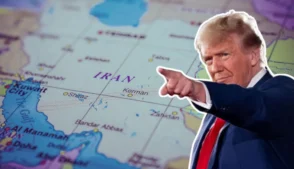 Montagem com um mapa do Irã e foto de Trump apontando na direção do mapa