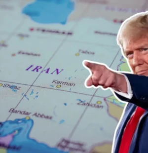 Montagem com um mapa do Irã e foto de Trump apontando na direção do mapa