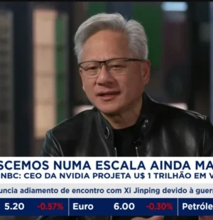 O CEO da Nvidia, Jensen Huang, afirmou que a empresa projeta alcançar cerca de US$ 1 trilhão (R$ 5,20 trilhões) em faturamento relacionado à infraestrutura de inteligência artificial até 2027, com base na demanda pelos chips Blackwell e Rubin.