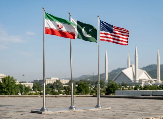 Três bandeiras hasteadas lado a lado — Irã, Paquistão e Estados Unidos — com a Mesquita Faisal e as montanhas de Islamabad ao fundo