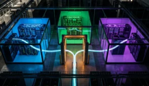 Três salas de servidores conectadas por cabo de fibra óptica passando por um gateway neutro iluminado, representando NVIDIA, AMD e Intel investindo juntas na infraestrutura de IA da RadixArk