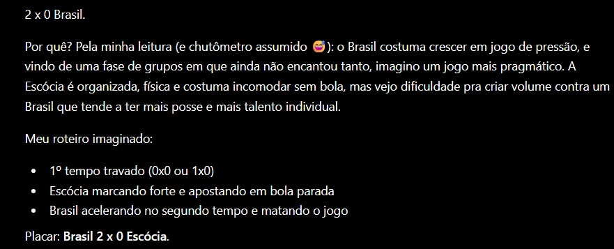 Copa do Mundo: Inteligência artificial revela possível placar de Brasil x Escócia