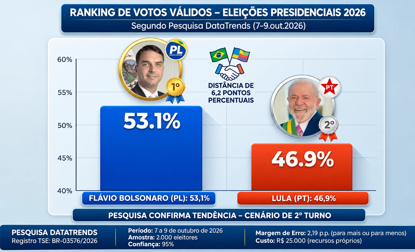 DECISÃO 2026: Flávio tem 53,1% dos votos válidos contra 46,9% de Lula, aponta pesquisa DataTrends
